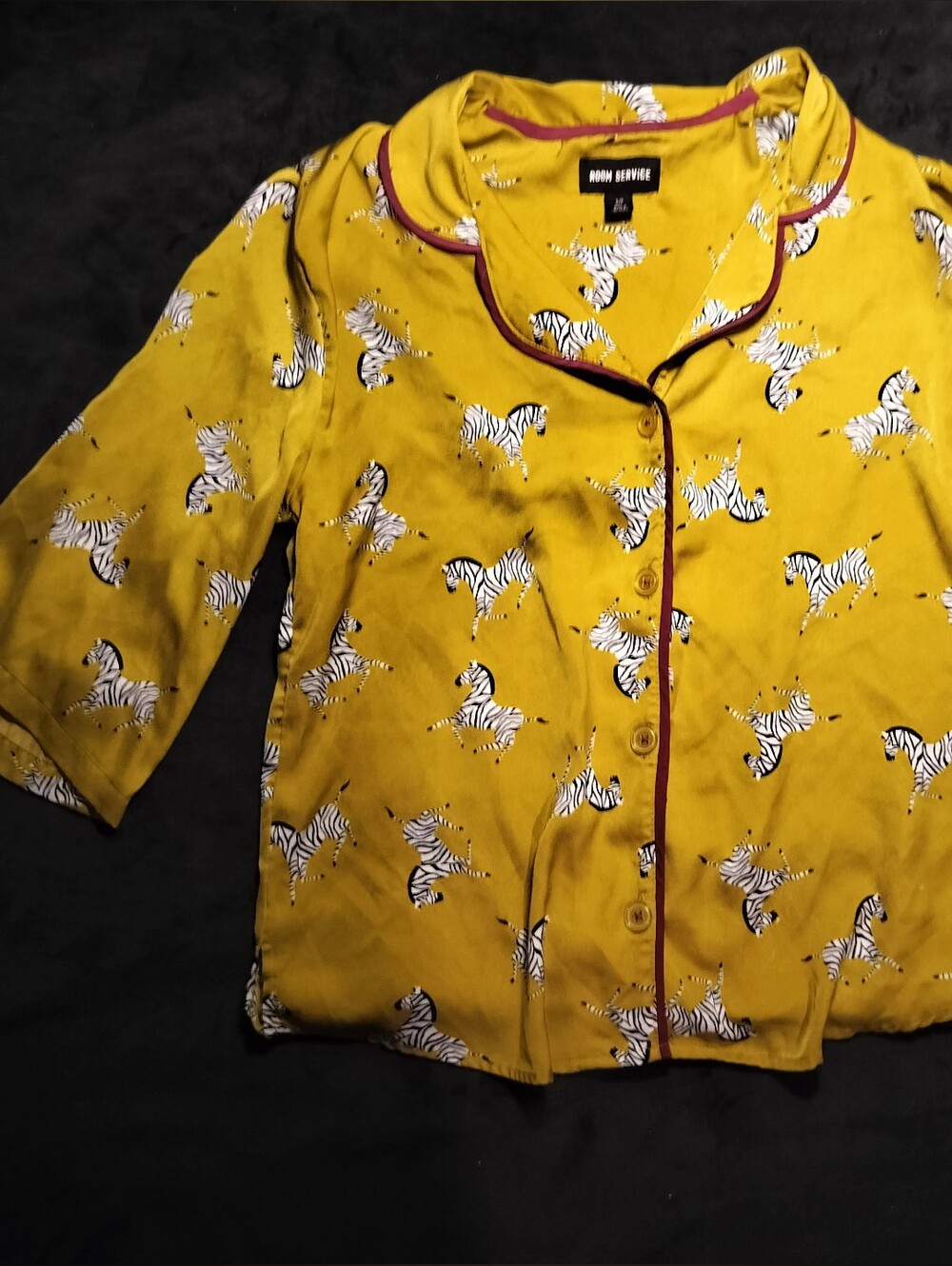 Room Service Zebra Print Button-Up Pj Shirt Mustard Yellow Purple Piping Small